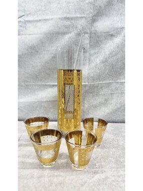 Pasinski Kashmir Gold Cocktail Pitcher 4 Glasses Stirrer Hollywood Regency Set